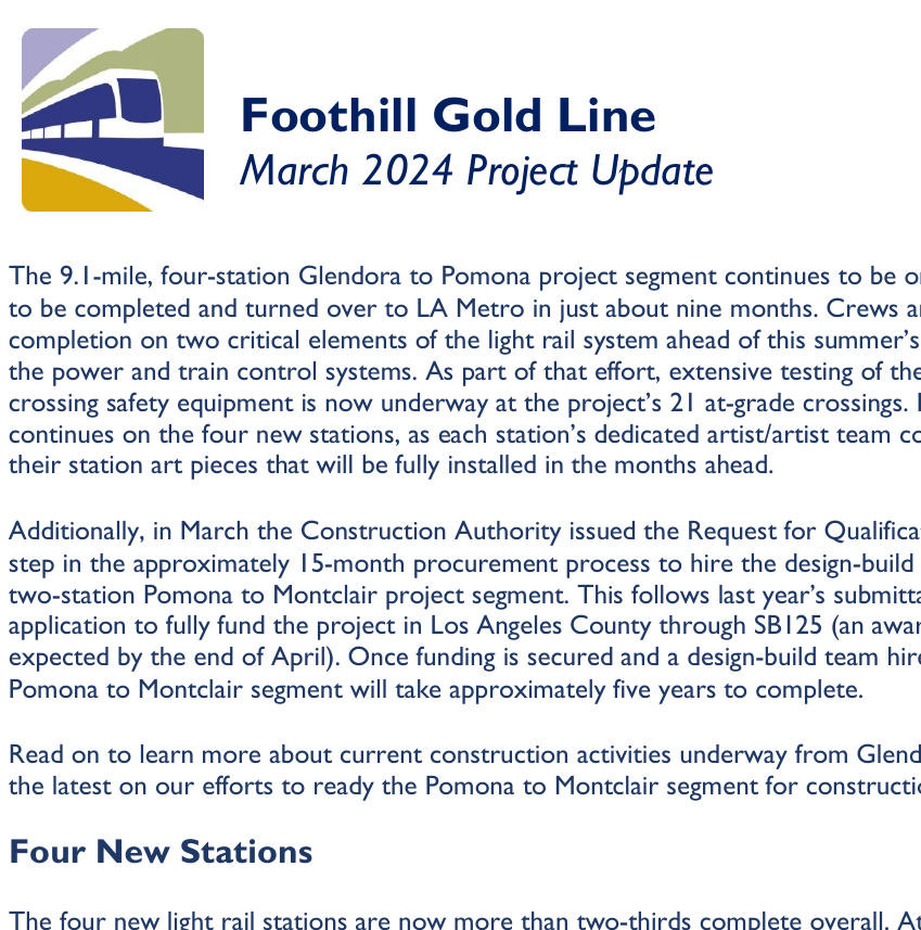 Gold Line update about Glendora to Pomona section progress